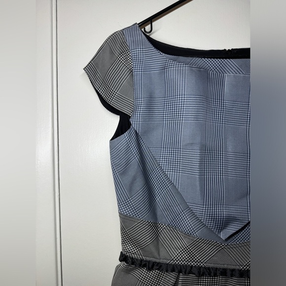 Zac Posen 100% Silk Plaid Blue Black Grey Structured Cap Sleeve Shift Dress 6 - Picture 3 of 15